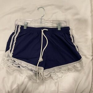 Elegant Navy Lace Trim Athletic Shorts